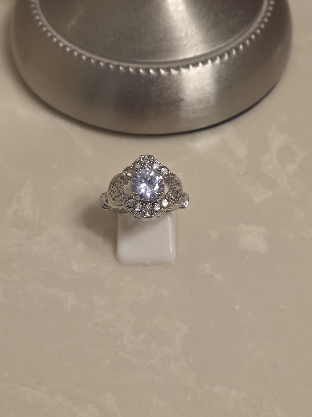 Silver and CZ Halo Solitaire Ring Size 6